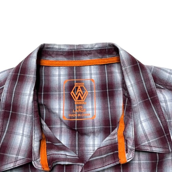 American Worker Shirt Mens Large Plaid Gray Burgundy Short Sleeve Casual - Picture 7 of 8